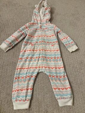 Carter's Fleece Hooded One-Piece in Coral, Baby Blue & Pale Pink